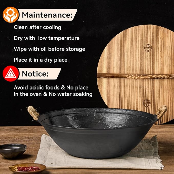 WANGYUANJI 14.2" Cast Iron Wok with Lid, Hand Hammered Chinese Wok Pan, Flat Bottom Stir Fry Pan for Induction, Gas & Electric Stoves, Uncoated Non-Toxic, Dual Handles