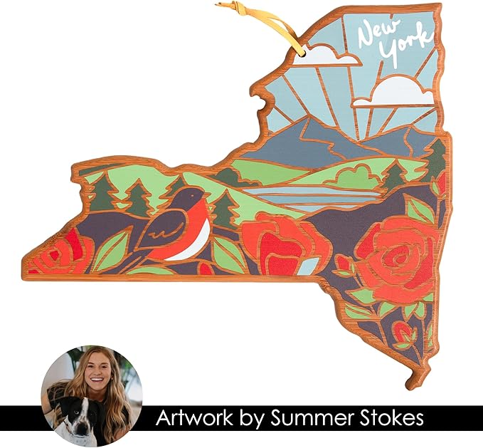 Totally Bamboo New York State Shaped Cutting Board and Charcuterie Serving Platter with Artwork by Summer Stokes, Includes Hang Tie for Wall Display