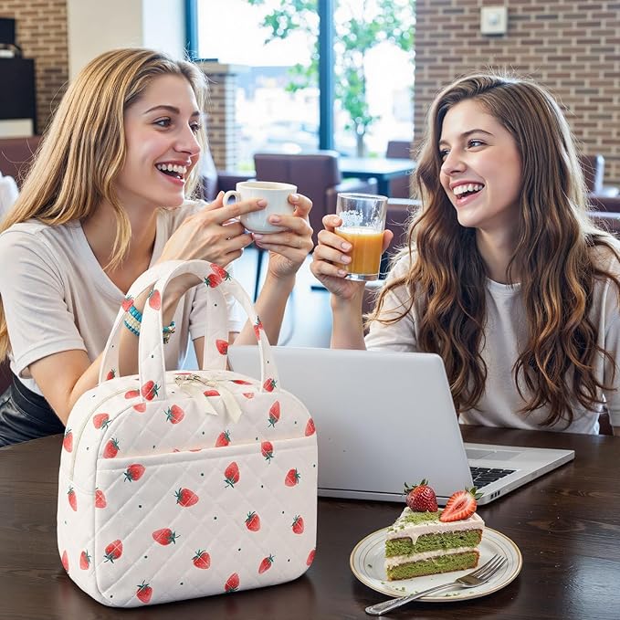 Quilted Lunch Box for Women,Coquette Aesthetic Lunch Box for Teen Girls,Cute Strawberry Lunch Bags for Work, School,Office,Picnic,Travel (Strawberry)