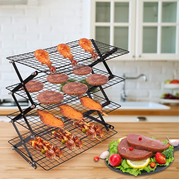 PowerKing Upgraded Collapsible 4-Tier Cooling Rack, Adjustable Stackable Non-Stick Wire Rack for Baking, Roasting, Drying, Cookies, Cakes, Muffins, Space-Saving, Gifts for Baking Enthusiasts