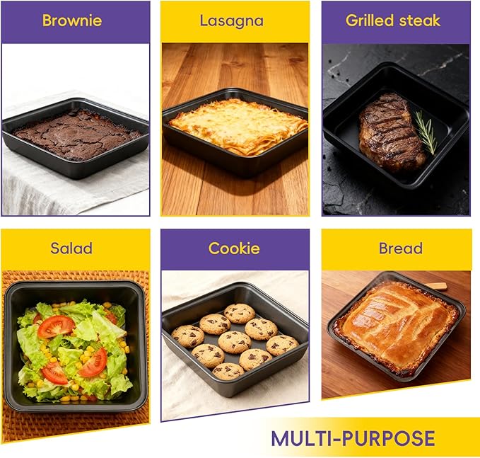 8x8 Baking Pan,Square Cake Pan,Nonstick Square Baking Pan for Making Brownies, lasagna,Rust-Resistant, Dishwasher Safe,2 PCS Heating Aluminum Bakeware with Silicone Scraper & Oil Brush