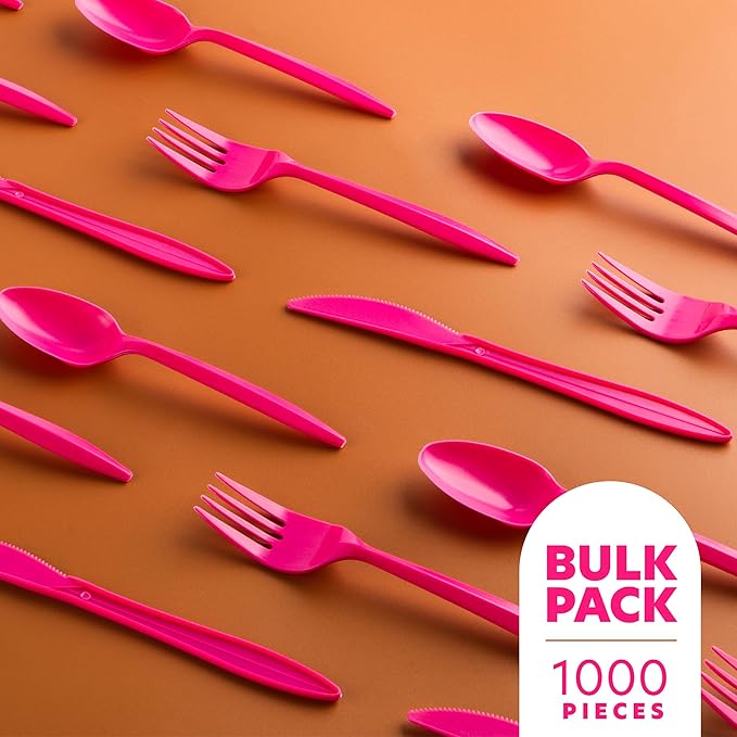 PLASTICPRO 400 Pack Disposable Plastic Utensils Assorted Colored Cutlery Combo Set Forks Spoons Knives Silverware, Pink Plastic Cutlery for Parties