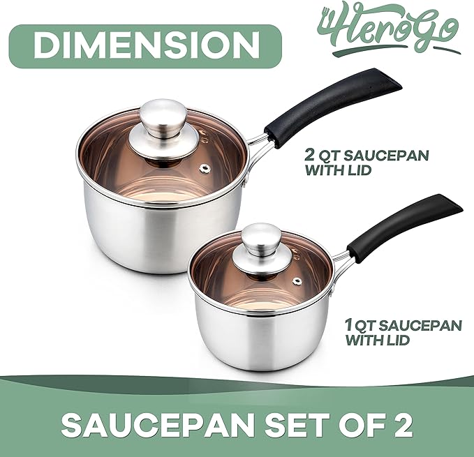 Herogo 1 Quart & 2 Quart Saucepan Set with Lid, 18/10 Stainless Steel Sauce Pan Pot, 2Qt 1Qt Saucepan for Home Kitchen Restaurant, Dishwasher Safe