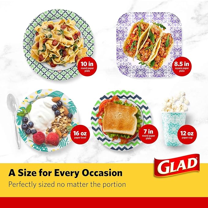 Glad Round Disposable Paper Plates, Blue Flower - Soak and Cut Proof, Microwave Safe, Heavy Duty Bulk Plates for Dinner and Everyday Use, 10 Inch - 50 Count - 2 Pack