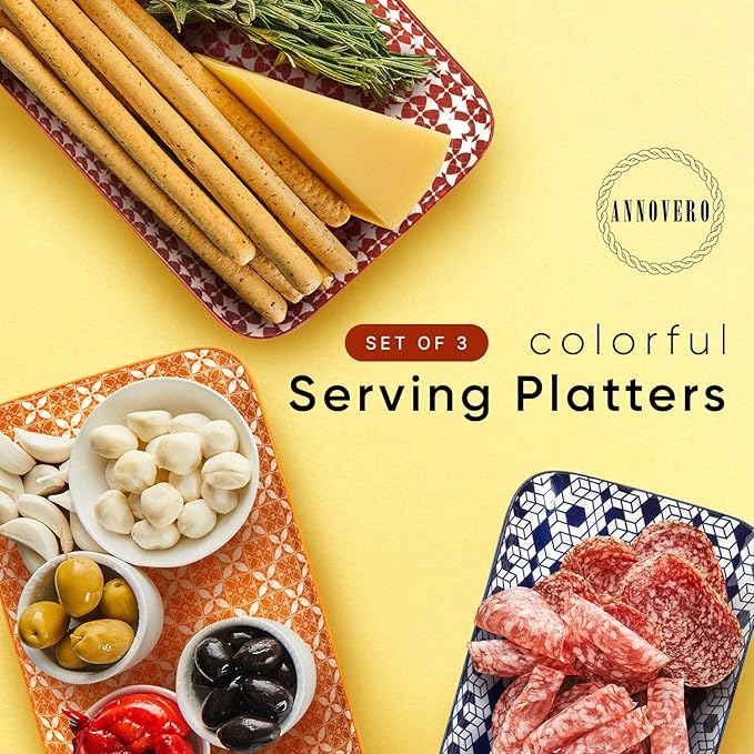 Annovero Serving Platter - Large Porcelain Food Tray - for Fruit, Cheese, Dessert, Cookie, Meat, Appetizer - Colorful Decorative Serveware for Party & Entertaining - 15.4/13.8/11.8 Inch - Set of 3