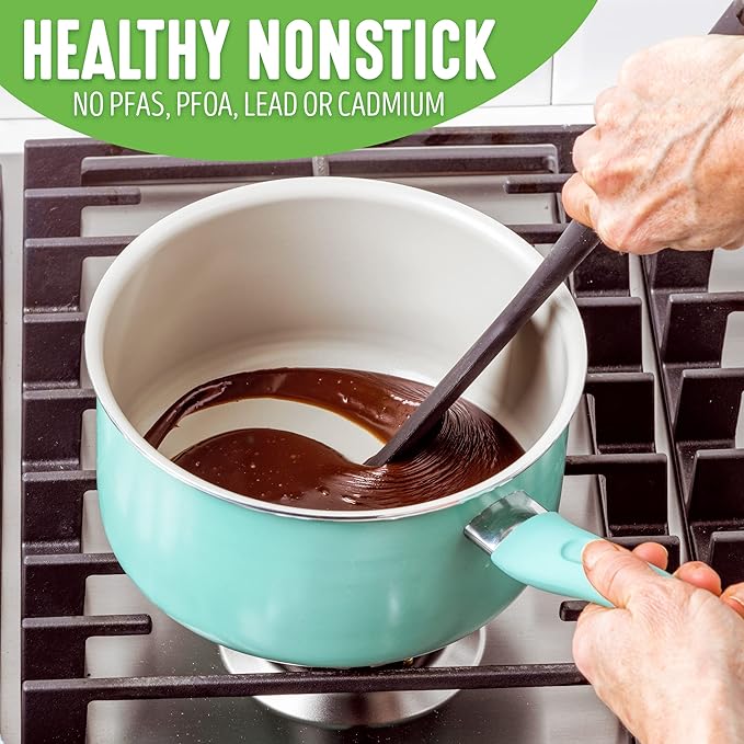GreenLife Soft Grip Diamond Sandstone Healthy Ceramic Nonstick, 2QT Saucepan Pot with Lid, PFAS-Free, Dishwasher Safe, Turquoise and Cream