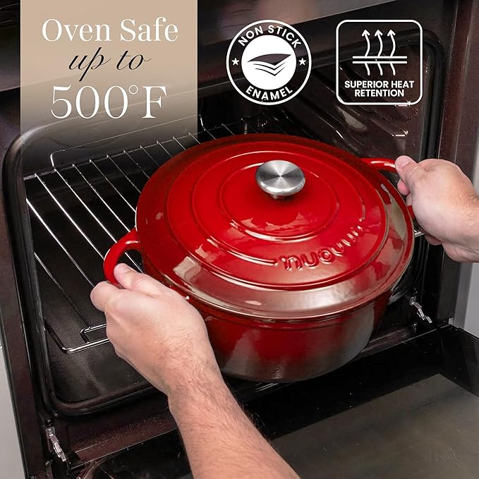 Cast Iron Dutch Oven with Lid – Non-Stick Ovenproof Enamelled Casserole Pot – Sturdy Dutch Oven Cookware – Red, 3.1-Quart, 22cm – by Nuovva