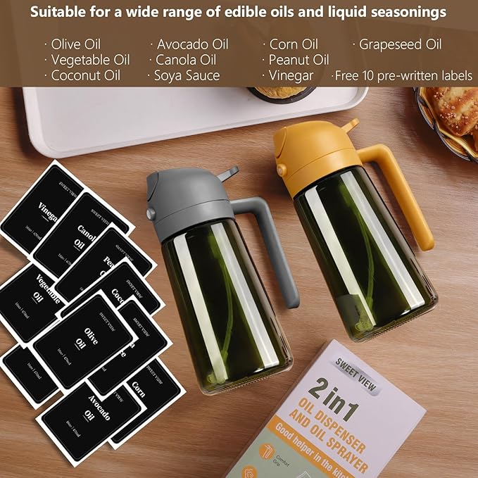 2PCS Olive Oil Dispenser and Oil Sprayer – 16oz/470ml Glass Light-Proof Oil Pourer for Kitchen Air Fryer, Cooking, Salad, and BBQ, with Stickers