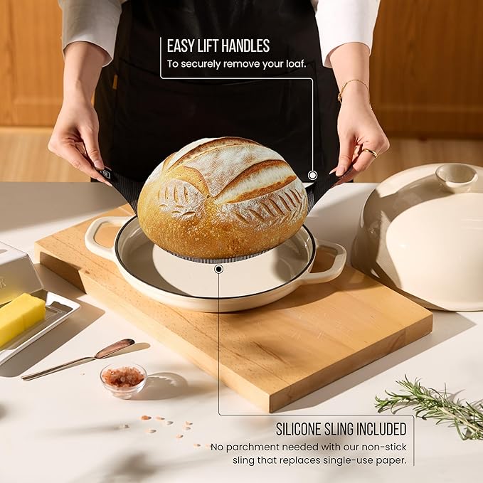 Kook Bread Oven, with Lid and Handles, Enameled Cast Iron Pan and Ceramic Lid, For Baking, Cooking, Roasting and more (Ivory)