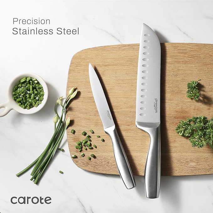 CAROTE 12-Piece Knife Set, All-Stainless Steel Knife Block Set, Kitchen Knives with Wooden Block, Razor-Sharp and Ergonomic, Easy Cleaning
