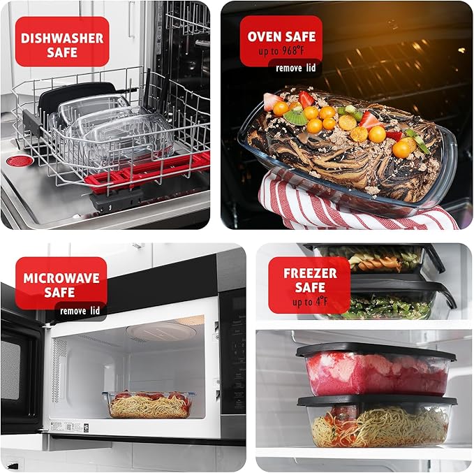 EATEX Glass Bread Pans for Homemade Bread Baking, 1.9 Quart Deep Rectangular Glass Food Storage Containers with Lids BPA Free Microwave Oven & Freezer Safe - 6 Bread Loaf Pans 6 Airtight Lids Black