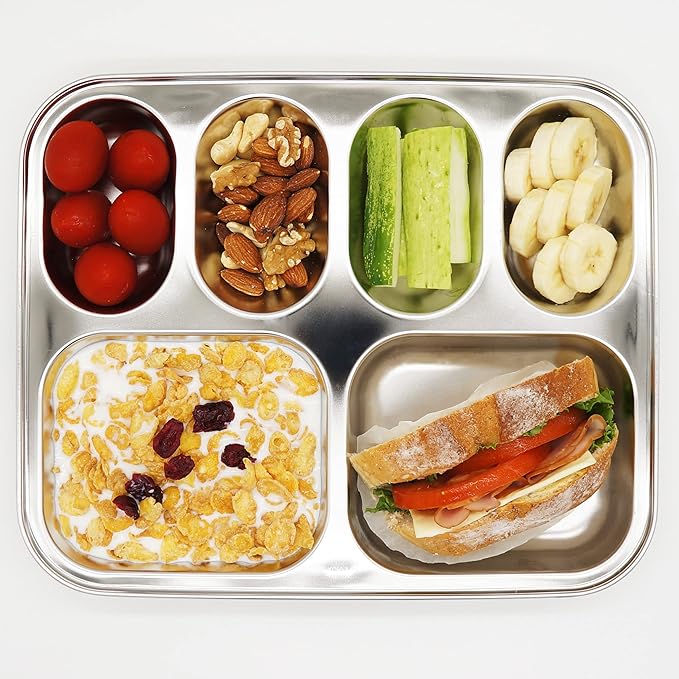 Korean Stainless Steel Divided Plates for Kids, Adults, Students, Premium 304, Electro-Polished, No Black Residue, BPA-Free, 6-Compartment Food Tray, Picky Eaters, Diet Portion Control, Set of 2