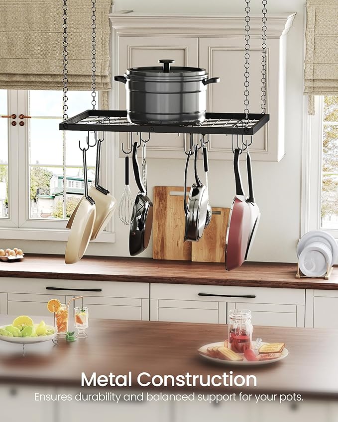 Hanging Pot Rack, Ceiling Mounted Pot Hanger for Kitchen, Metal Cookware Storage Organizer with 12 Hooks, for Storage of Cookware, Utensils in Kitchen, 23.7" L, Black TPR03BB