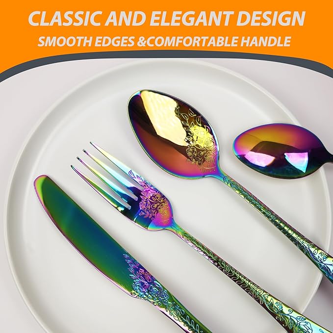 Runfly Vintage Carved Floral Rainbow Silverware Set for 4, Stainless Steel 20-Piece Flatware Set with Knife/Fork/Spoon, Cutlery Set for Home and Kitchen, Modern Utensil Set