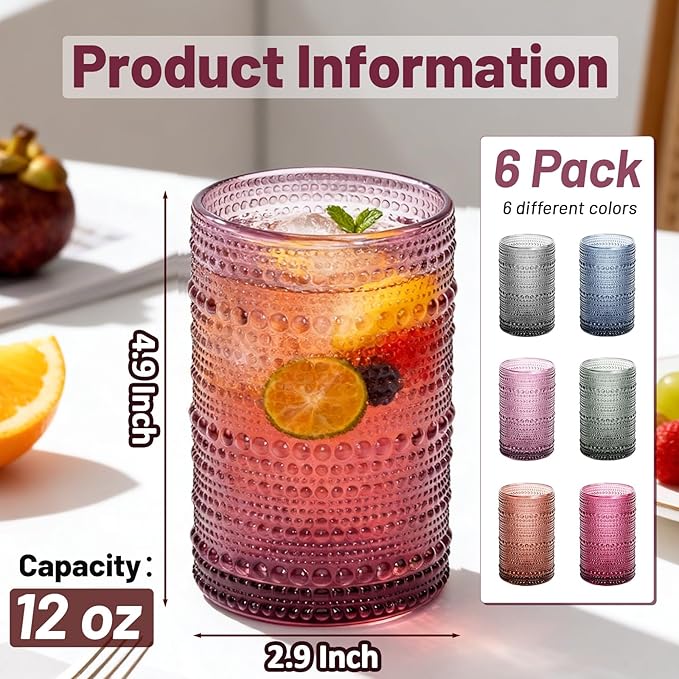 Colored Hobnail Drinking Glasses Set of 6, 12oz Vintage Kitchen Glassware, Embossed Design Water Glasses, Glass Cups, Water Tumbler for Beer, Juice, Cocktail, Whiskey, Milk