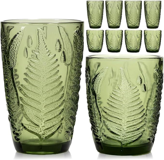 Vintage Green Drinking Glasses Set of 8, Mixed 10 oz & 12 oz Hand-Pressed Textured Glass Cups, Fern Embossed Retro Colored Glassware, Decorative Tumblers for Water & Cocktails, Boho Drinkware Gift Set