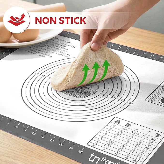 ThreadNanny Silicone Baking Pastry Mat Extra Large 28x20 - Non-Stick Non-Slip Rolling Mat for Dough with Measurements - Bread, Pizza, Pie Crust, Cookies, Fondant - Oven Safe, Dishwasher Safe (Grey)