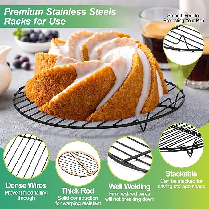 P&P CHEF 9 Inch Cooking Rack Round, Stainless Steel Round Rack for Cooking Cooling Steaming Baking, Fit Air Fryer Pot Pressure Cooker, 2 Pack -Oven Safe, Black