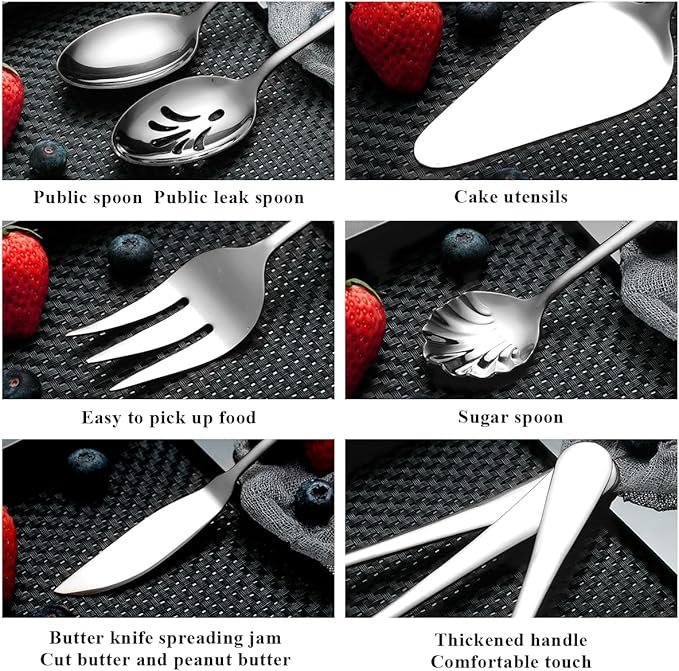 Berglander Silverware Serving Set 6 Pieces, Stainless Steel Serving Spoons Set, Flatware Serving Set, Serving Utensils Set Easy to Clean and Dishwasher Safe