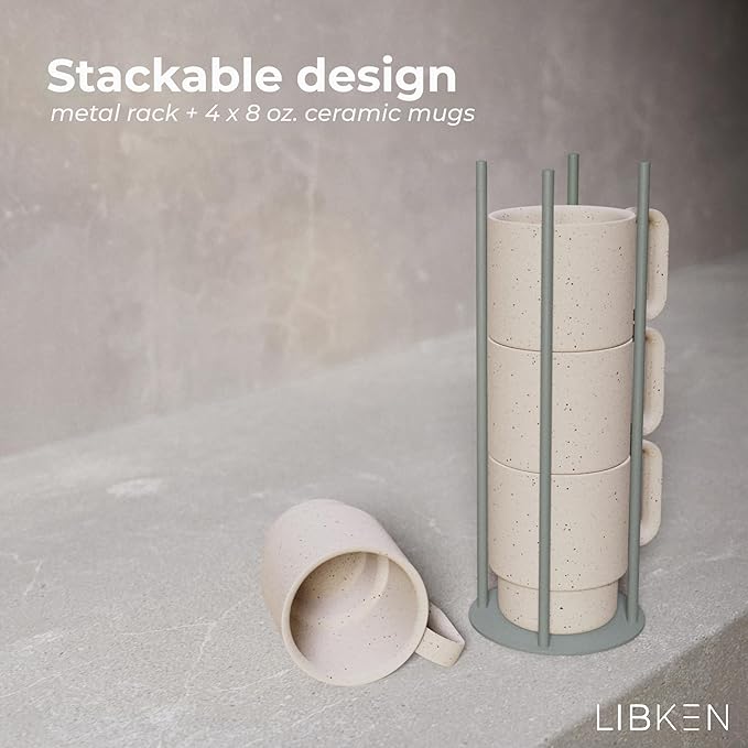 Stackable Coffee Mug Set with Green Stand Rack 4x8oz Ceramic Mugs with Unique Sprinkled Optics - Powder Coated Metal Rack for Space Saving Storage - Dishwasher-Safe - Microwave & Oven Use