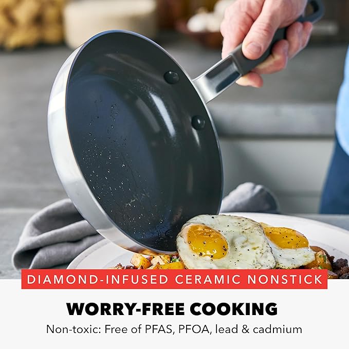 GreenPan x Bobby Flay Stainless Steel 3.75QT Saucepan with Glass Lid, 8” and 10” Frying Pan Skillet Set and 3-Piece Knife Set, Professional Grade Tri-Ply, Stainless Steel Blades, Induction Suitable