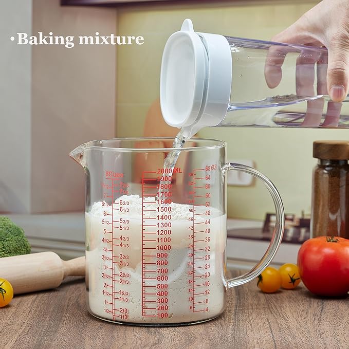 Glass Measuring Cup-[Insulated handle | V-Shaped Spout]-Made of High Borosilicate Glass Measuring Cup for Kitchen or Restaurant, Easy to Read, 2000 ML (64 Oz, 8 Cup)