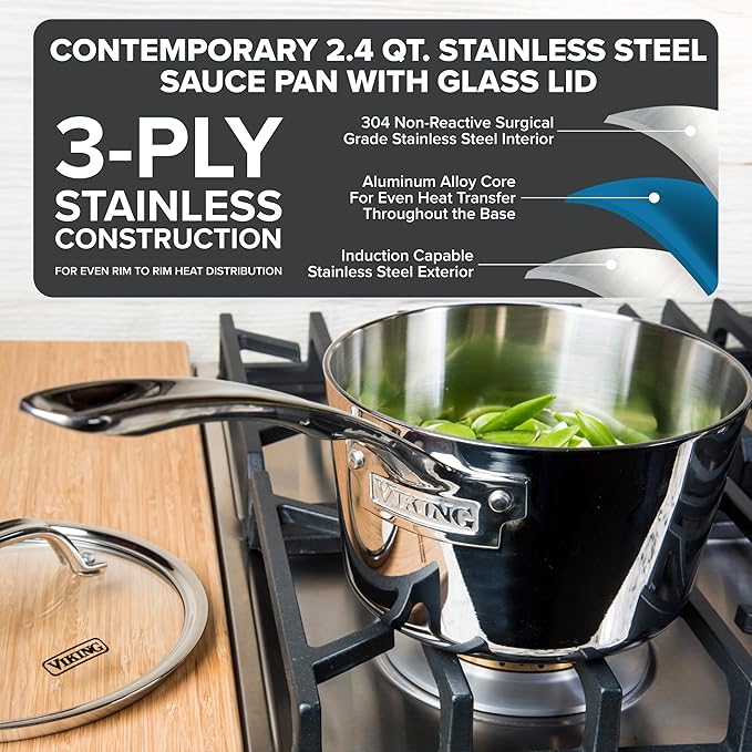 Viking Contemporary 3-Ply Stainless Steel Sauce Pan with Glass Lid, 2.4 Quart Saucepan Cooking Pot, Dishwasher and Oven Safe, Induction Ready, Silver