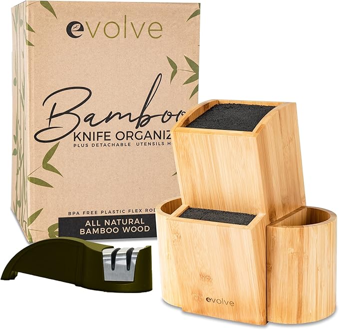 EVOLVE Bamboo Knife Block - Universal Kitchen Knife Holder - Safe & Space Saver Knife Storage that Covers Knife Blades Up To 9” & Holds Up To 20 Knives with Machine Washable & BPA Free Flex Rods.