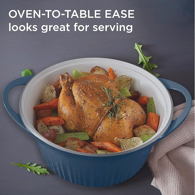 CorningWare QuickHeat 5.5-QT Cast Aluminum Dutch Oven With Lid & Non-Stick Ceramic Interior, Lightweight and Fast Even Heat Baking & Cooking, For Meats, Soup, Browning, Searing, French Navy