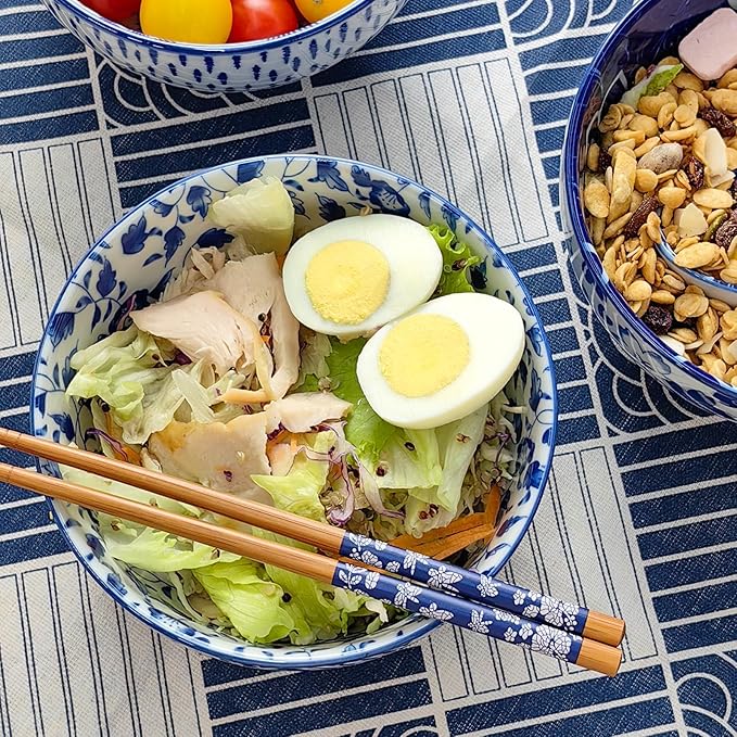 Japanese 28 Oz Ceramic Ramen Noodle Soup Cereal Pho Rice Salad Bowl Set with Chopsticks and Spoons, Premium Gift Set for House Warming, Birthday, Holiday, Microwave Safe, Dishwasher Safe