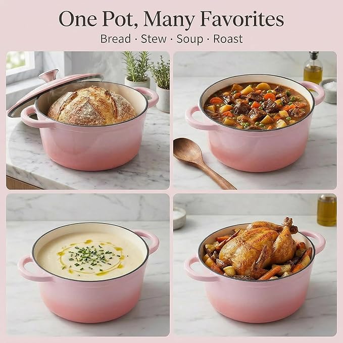 4QT Enameled Cast Iron Dutch Oven Pot with Lid,Heavy-Duty Cookware for Sourdough Bread Baking,Braising,Stews,Roasting,Oven Safe up to 500°F,pink
