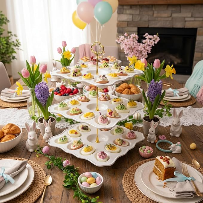 3 Tier Easter Ceramic Deviled Egg Platter 36 Hole Square Deviled Egg Tray Contain Detachable Eggs Holder Tower Easter Party Food Container for Kitchen Countertop Dishwasher Freezer Wedding Tea Party