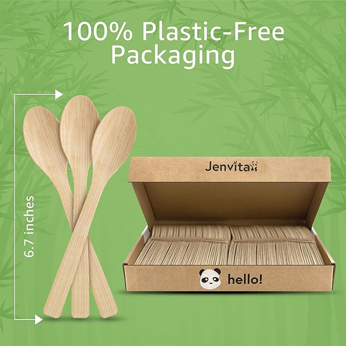 100% Bamboo Spoons Set - Biodegradable Silverware (100 Small Bamboo Spoons) | Reusable or Disposable Party Cutlery | Compostable FSC Certified Flatware for Weddings, Camping, Parties