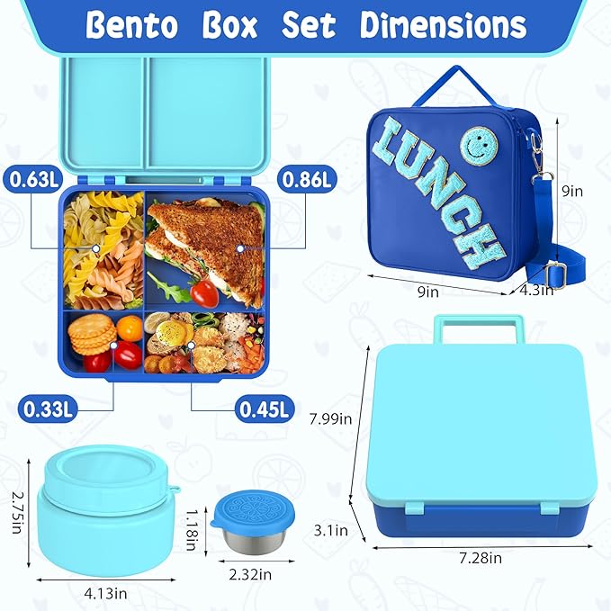 Kids Bento Lunch Box with 8oz Soup Thermo, Kids Leakproof Lunch Food Containers with 4 Compartment,Insulated Hot Food Jar with Lunch Bag for School, Travel (Blue)