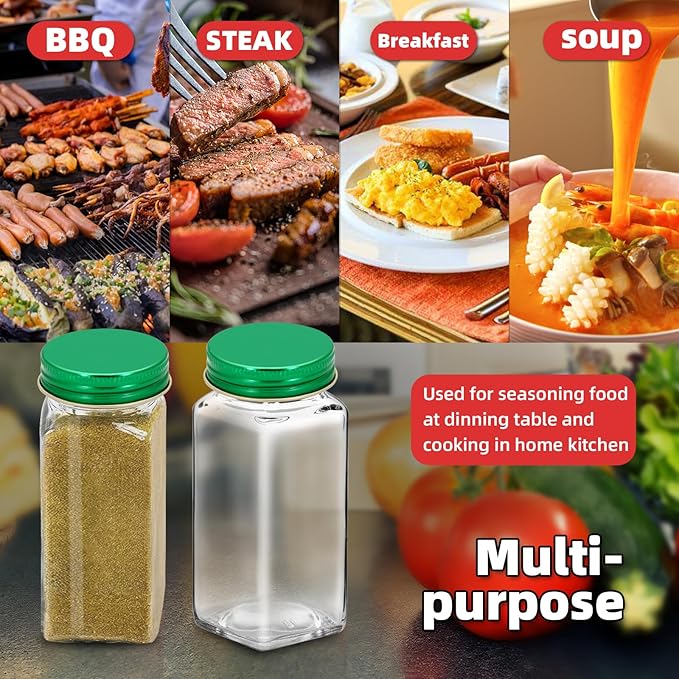 2Pcs 4oz Glass Spice Jars with Shaker Lids, Spice Jars Trial Set & Supplement Set, Empty Spice Containers and Square Spice Bottles for Kitchen (Green iron Lids)