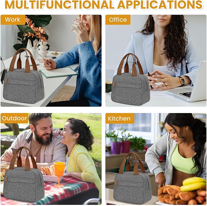 Insulated Lunch Bag for Women, Portable Lightweight Lunch Box for Adults, Reusable Lunch Tote Cooler Bags with Front Zipper Pocket for Work School Picnic(Gray, Large)