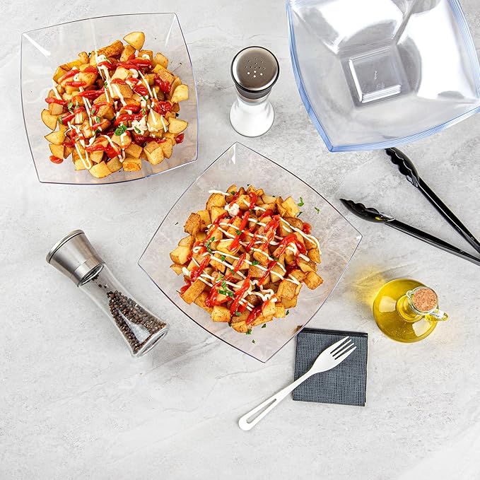 Restaurantware Moderna 64 Ounce Fancy Plastic Bowls 10 Square Disposable Salad Bowls - Durable Heavy-duty Clear Plastic Bowls For Warm And Cold Foods
