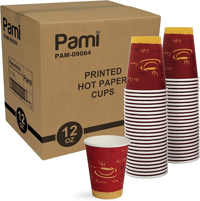PAMI Disposable Coffee Cups, Single-Use Paper Cups, To-Go Hot Beverage Cups for Espresso Coffee Tea Hot Chocolate, Leak Resistant, Cafe & Home Use (1000, 12oz)