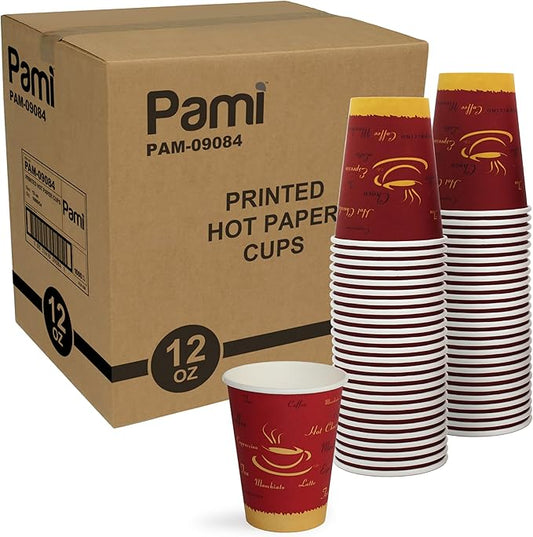 PAMI Disposable Coffee Cups, Single-Use Paper Cups, To-Go Hot Beverage Cups for Espresso Coffee Tea Hot Chocolate, Leak Resistant, Cafe & Home Use (1000, 12oz)