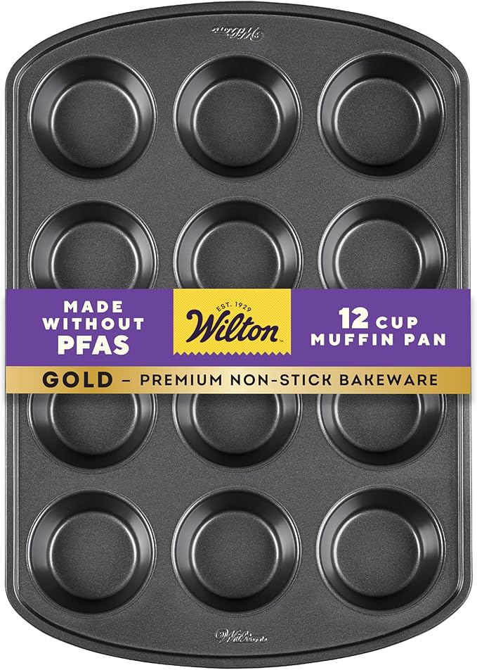 Wilton Gold Non-Stick 12 -Cup Muffin Pan, Cold-Rolled Steel Bakeware, Made without PFAS, 10.5 x 15 x 1.4 in, Packaging May Vary