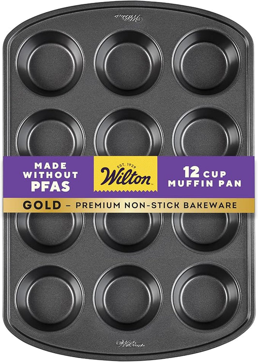 Wilton Gold Non-Stick 12 -Cup Muffin Pan, Cold-Rolled Steel Bakeware, Made without PFAS, 10.5 x 15 x 1.4 in, Packaging May Vary