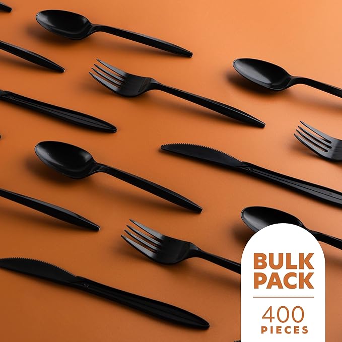 PLASTICPRO 400 Pack Disposable Plastic Utensils Assorted Colored Cutlery Combo Set Forks Spoons Knives Silverware, Black Plastic Cutlery for Parties