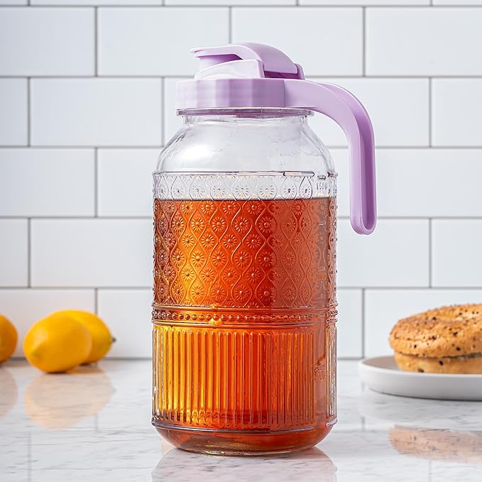 Glass Pitchers Set of 2 – Mason Jar Style Pitcher with Handle & Lid, 64 oz Water Jug for Juice, Iced Tea, Cold Brew, Water, Vintage Claro Collection Kitchen Décor