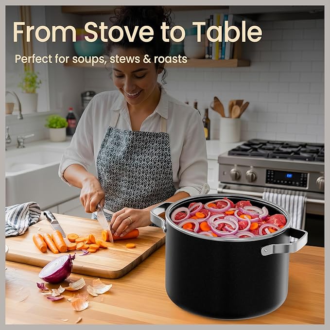 Bakken 8.5 Quart Ceramic Coated Stock Pot with Lid, Easy Clean Nonstick Pot, Tempered Glass Lid, Riveted Stainless Steel Handles, Oven Safe Up To 500°F, PTFE & PFAS Free, All Stove Compatible, Black
