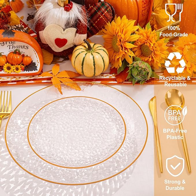 Rubtlamp 60PCS Plastic Orange Plates, Clear Disposable Plates With Orange Rim, Heavy Duty Hammered Plate, Easter Party Platos Include 30Orange Dinner Platos,30Clear Dessert Plate for Spring