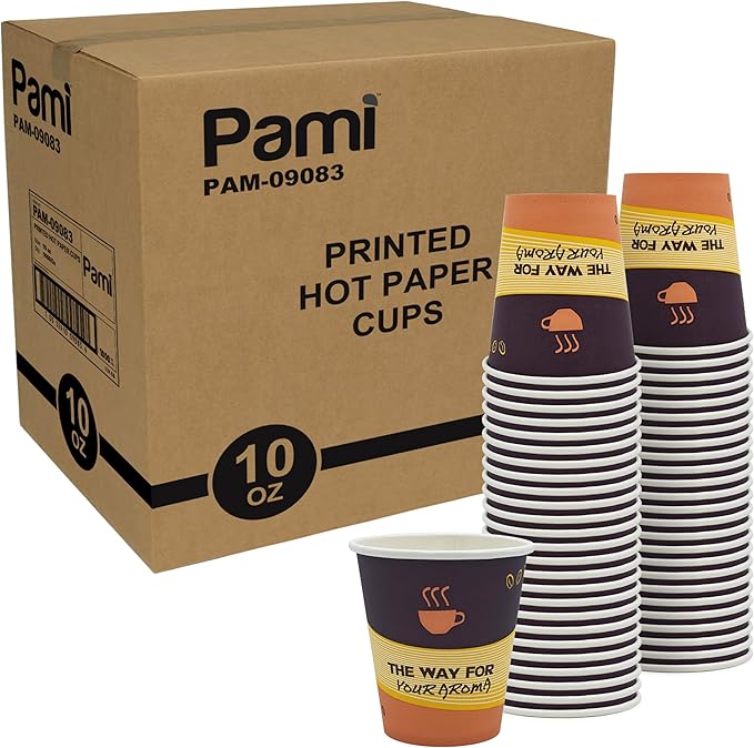PAMI Disposable Coffee Cups, Single-Use Paper Cups, To-Go Hot Beverage Cups for Espresso Coffee Tea Hot Chocolate, Leak Resistant, Cafe & Home Use (1000, 10oz)