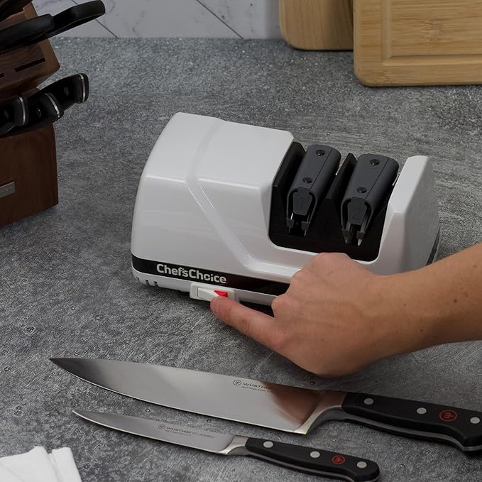 Chef'sChoice Professional Electric Knife Sharpeners FlexHone/Strop With 100-Percent Diamond Abrasives And Precision Angle Guides For 20-Degree Straight-Edge and Serrated Knives, 2-Stage, White