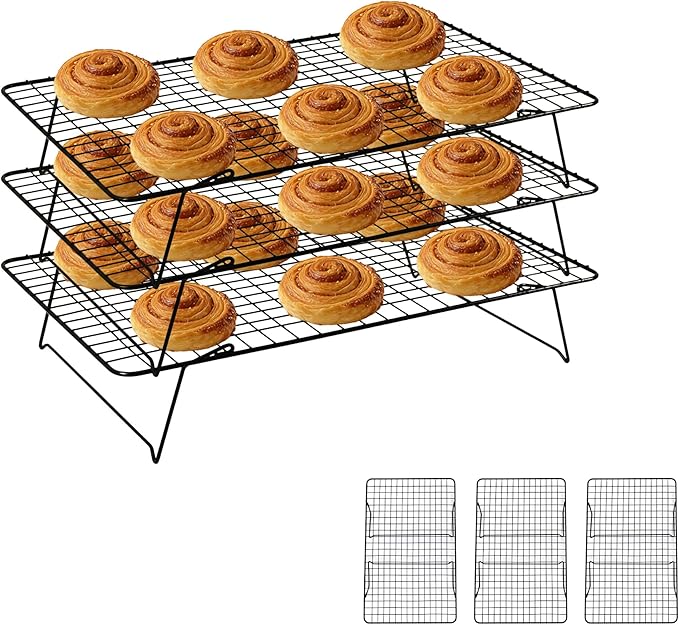 Cooling Rack, 3 Tier Stackable Cooling Racks for Cooking Baking Roasting, Multi-Level Collapsible Cookie Rack for Cakes, Oven Safe & Easy Clean (Black, 3-Tier)
