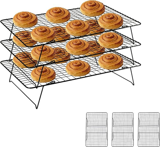 Cooling Rack, 3 Tier Stackable Cooling Racks for Cooking Baking Roasting, Multi-Level Collapsible Cookie Rack for Cakes, Oven Safe & Easy Clean (Black, 3-Tier)