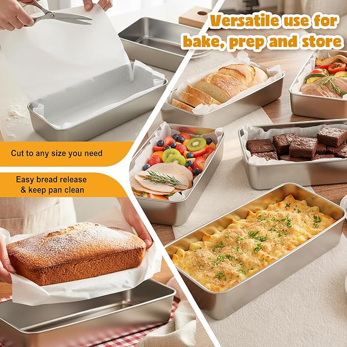 2 Packs 12×5 Inch Loaf Pans for Baking Bread, Stainless Steel Loaf Bread Pan with Parchment Paper Liners, Metal Bakeware for Bread, Meatloaf, Cake & Brownies, Easy Release, Oven & Dishwasher Safe